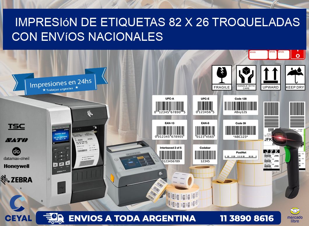 Impresión de etiquetas 82 x 26 troqueladas con envíos nacionales