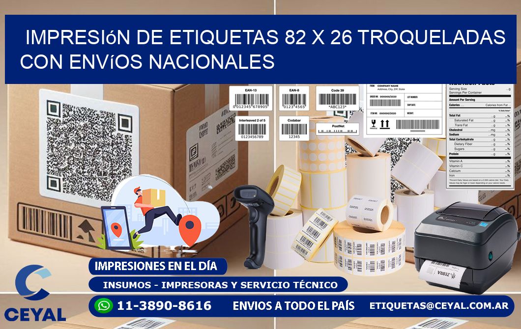 Impresión de etiquetas 82 x 26 troqueladas con envíos nacionales