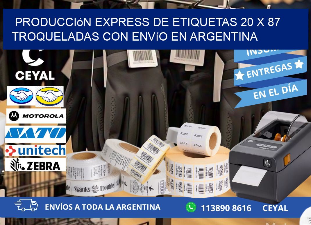 Producción express de etiquetas 20 x 87 troqueladas con envío en Argentina