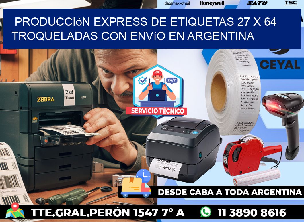 Producción express de etiquetas 27 x 64 troqueladas con envío en Argentina