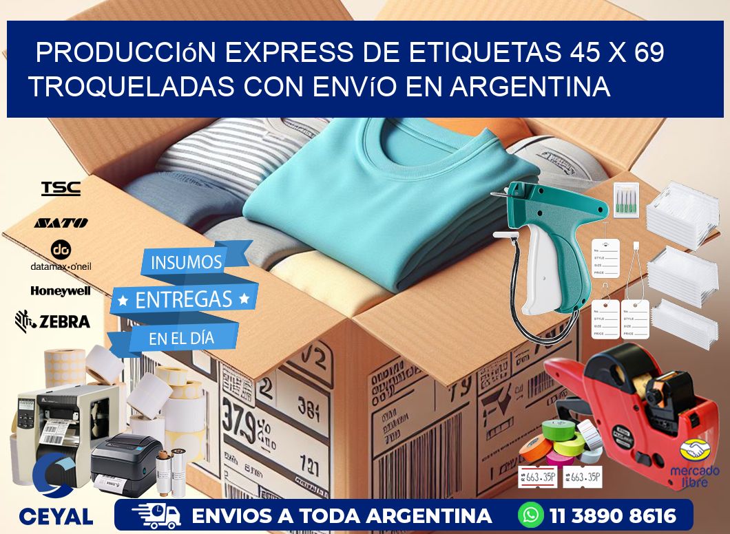 Producción express de etiquetas 45 x 69 troqueladas con envío en Argentina