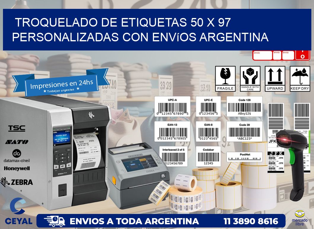 Troquelado de etiquetas 50 x 97 personalizadas con envíos Argentina