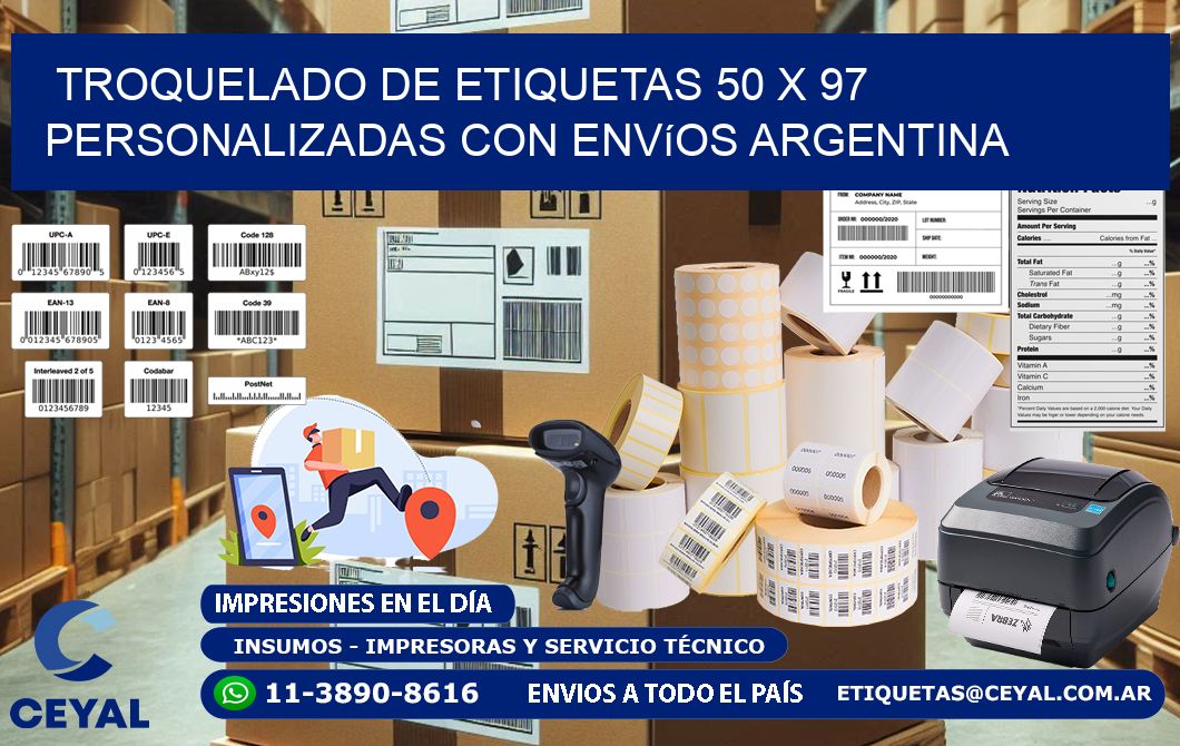 Troquelado de etiquetas 50 x 97 personalizadas con envíos Argentina