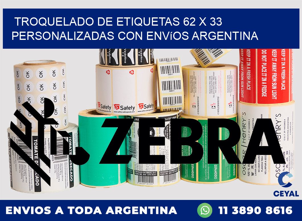 Troquelado de etiquetas 62 x 33 personalizadas con envíos Argentina