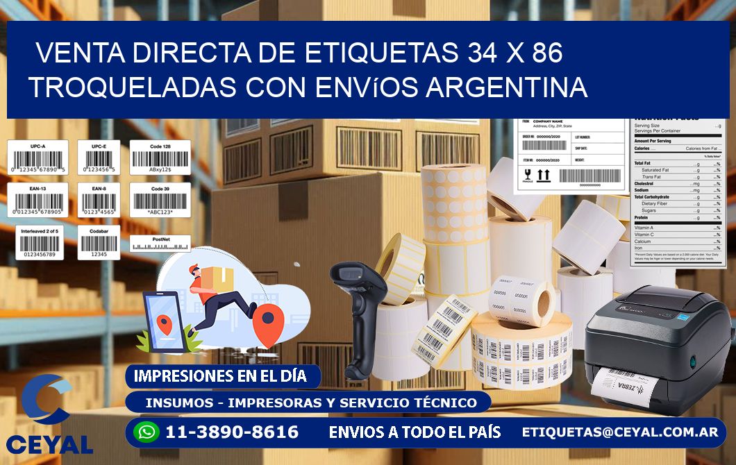Venta directa de etiquetas 34 x 86 troqueladas con envíos Argentina