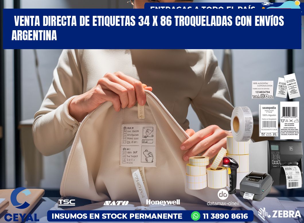 Venta directa de etiquetas 34 x 86 troqueladas con envíos Argentina