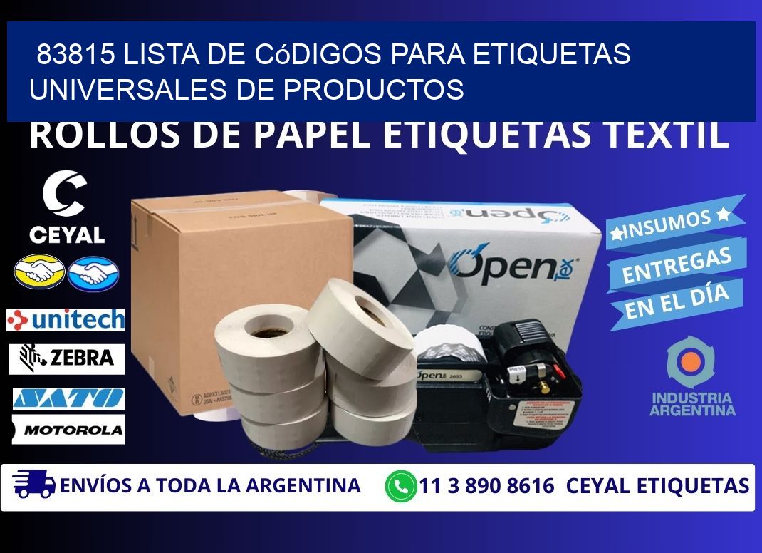 83815 Lista de códigos para etiquetas universales de productos