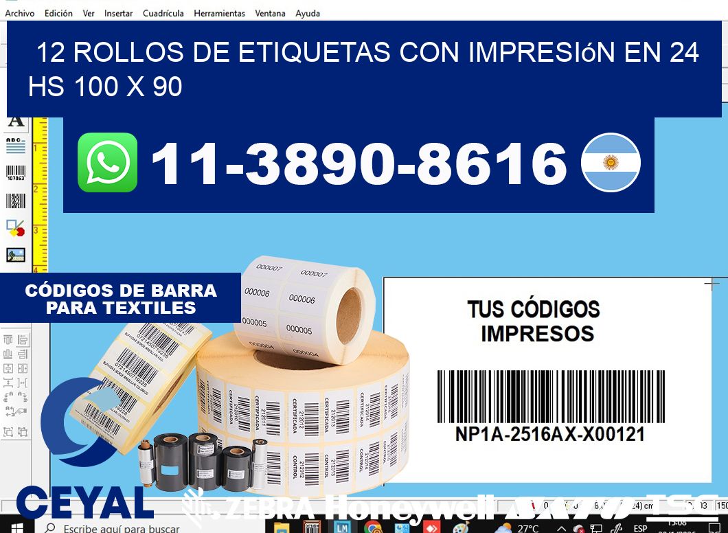 12 rollos de etiquetas con impresión en 24 hs 100 x 90