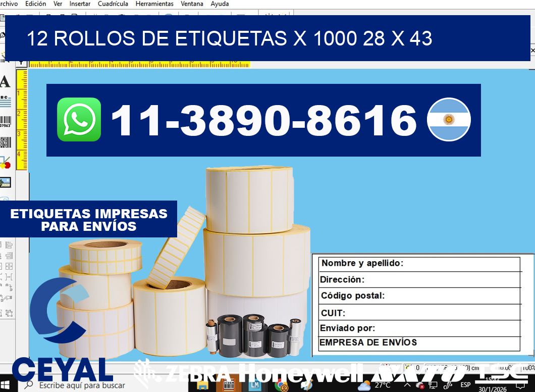 12 rollos de etiquetas x 1000 28 x 43