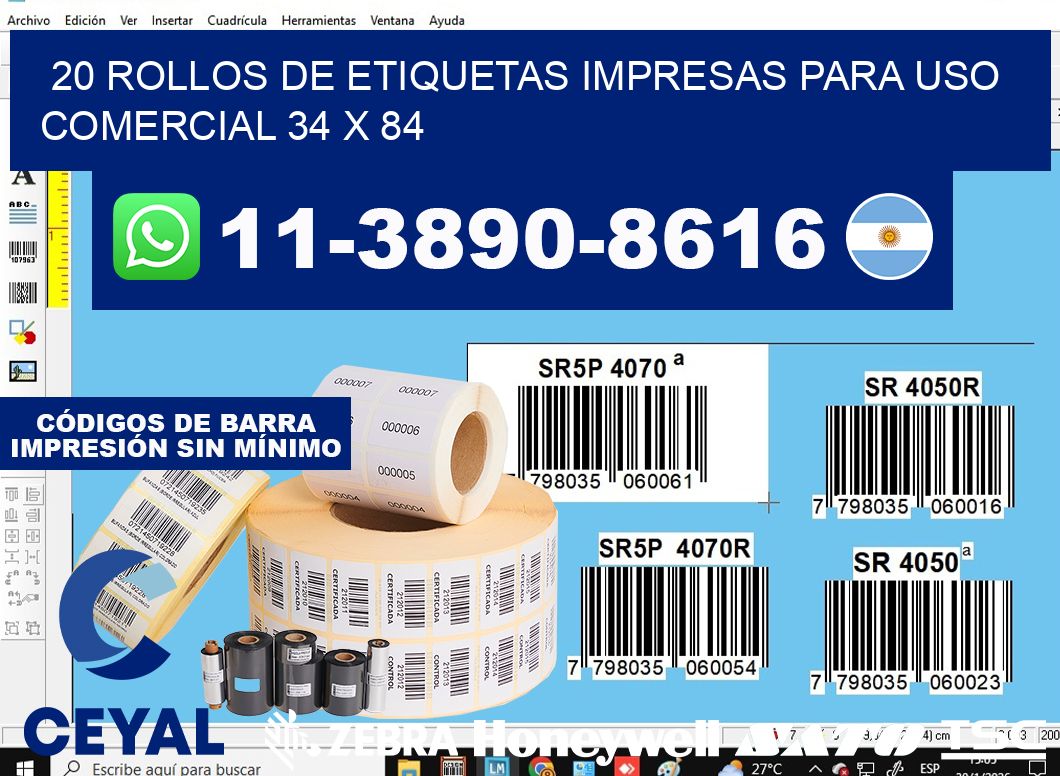 20 rollos de etiquetas impresas para uso comercial 34 x 84