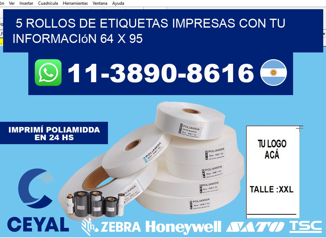 5 rollos de etiquetas impresas con tu información 64 x 95