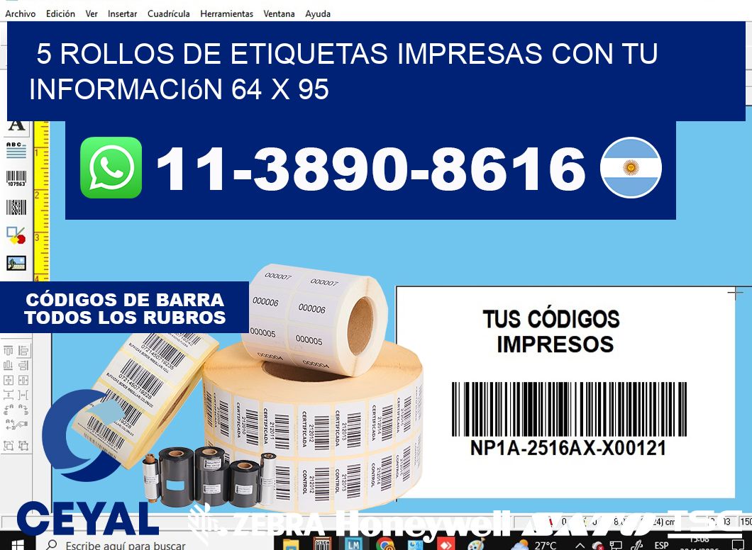 5 rollos de etiquetas impresas con tu información 64 x 95
