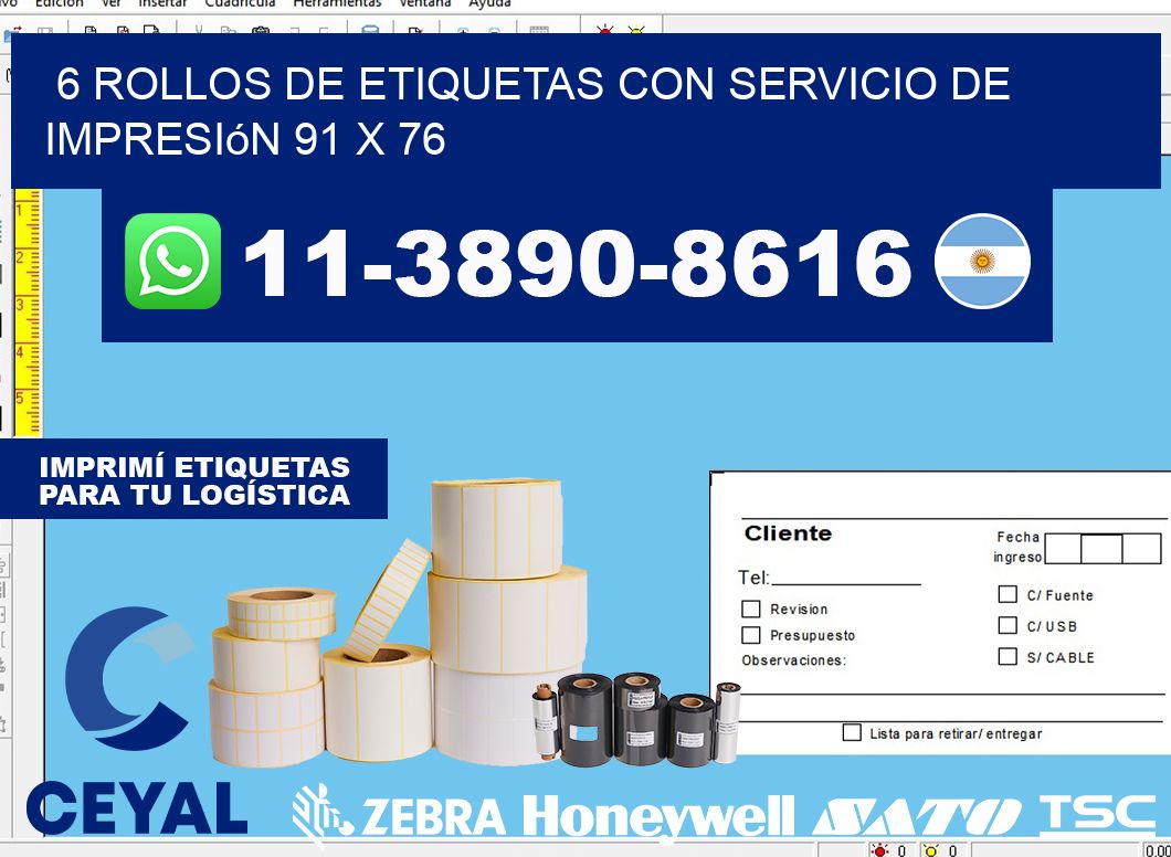 6 rollos de etiquetas con servicio de impresión 91 x 76