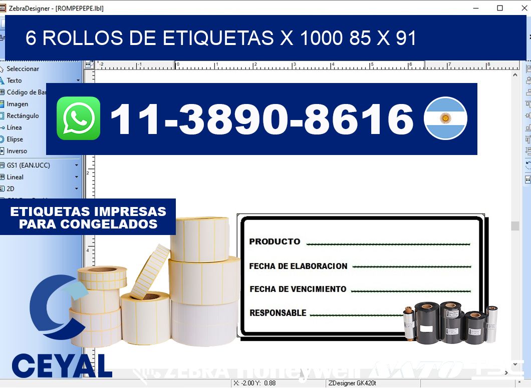 6 rollos de etiquetas x 1000 85 x 91