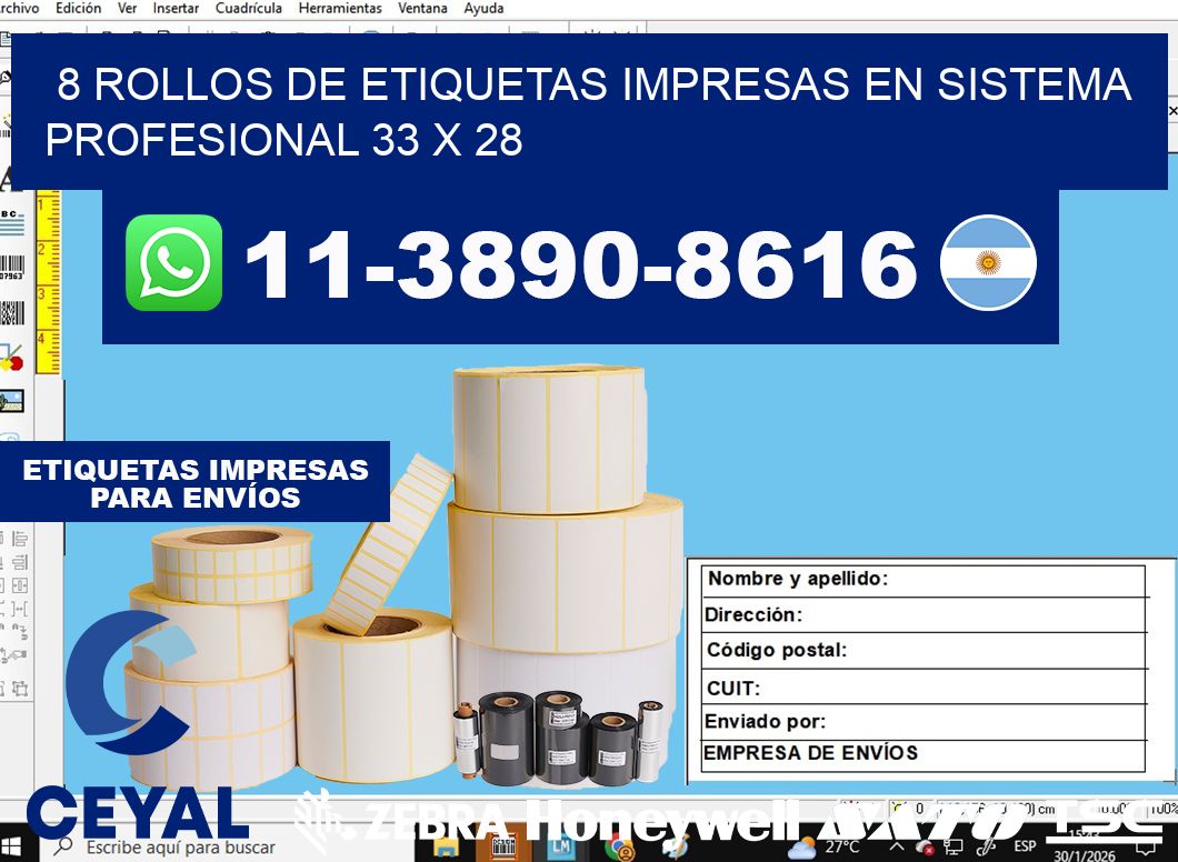 8 rollos de etiquetas impresas en sistema profesional 33 x 28