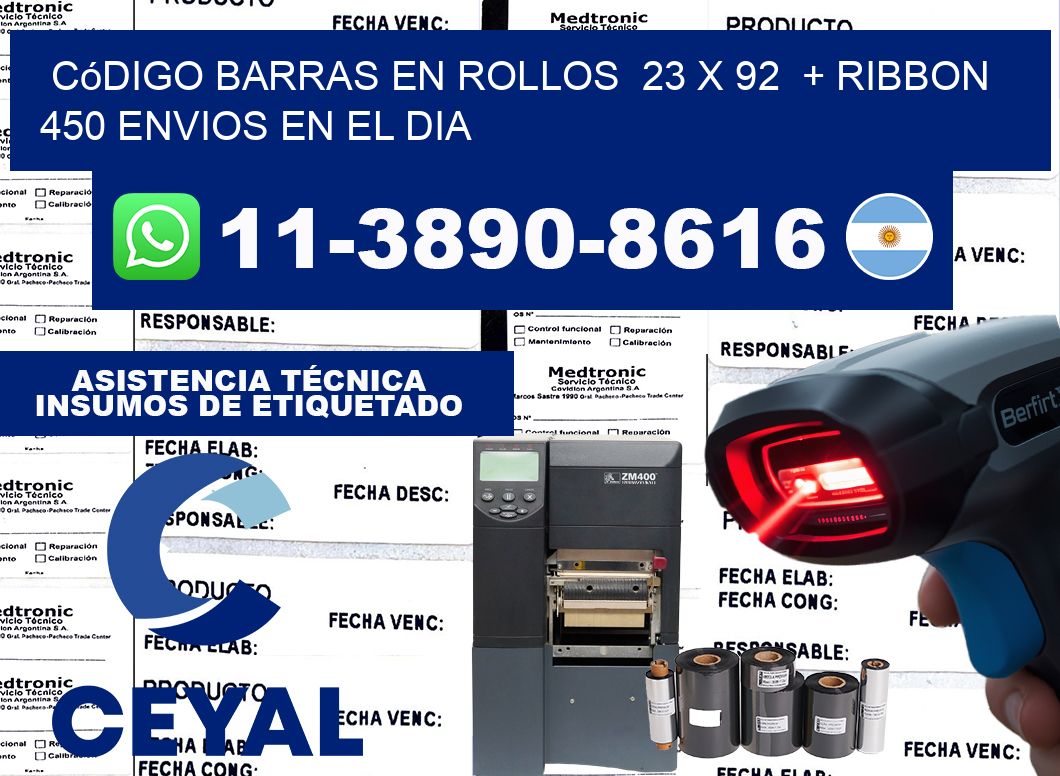 código barras en rollos  23 x 92  + ribbon  450 Envios en el dia