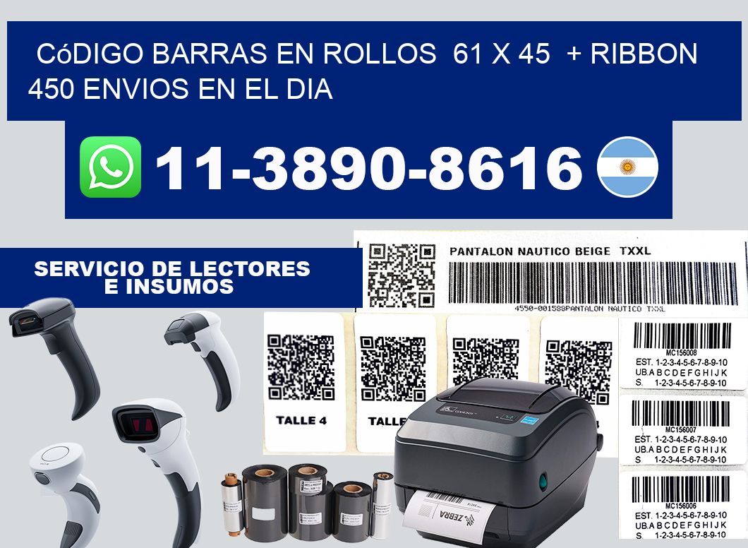 código barras en rollos 61 x 45 + ribbon 450 Envios en el dia