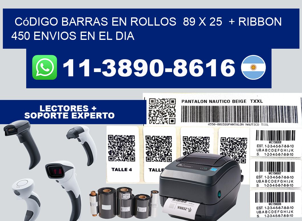 código barras en rollos  89 x 25  + ribbon  450 Envios en el dia