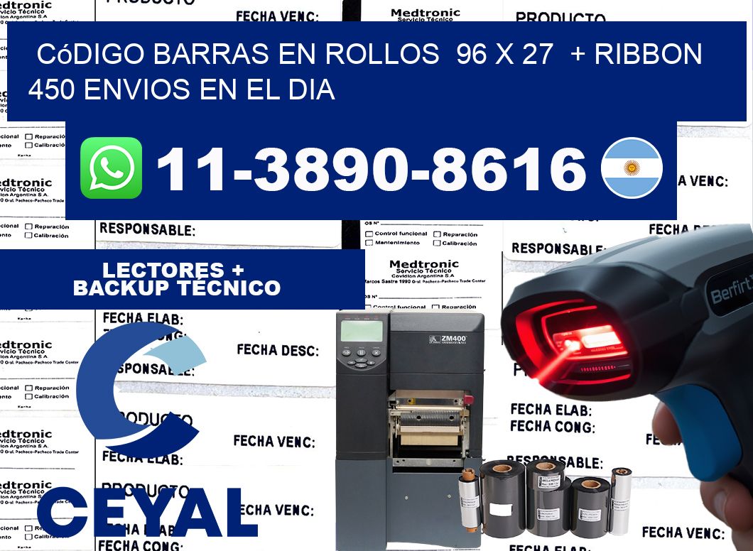 código barras en rollos  96 x 27  + ribbon  450 Envios en el dia
